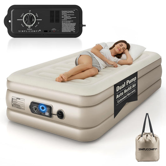 Simpli Comfy Twin Air Mattress with Built-in Patented Constant Comfort Dual Pump, 18" Raised Blow-up Colchon Inflable Mattress, Three Adjustable Firmness Settings, Self-monitoring Air Retention System