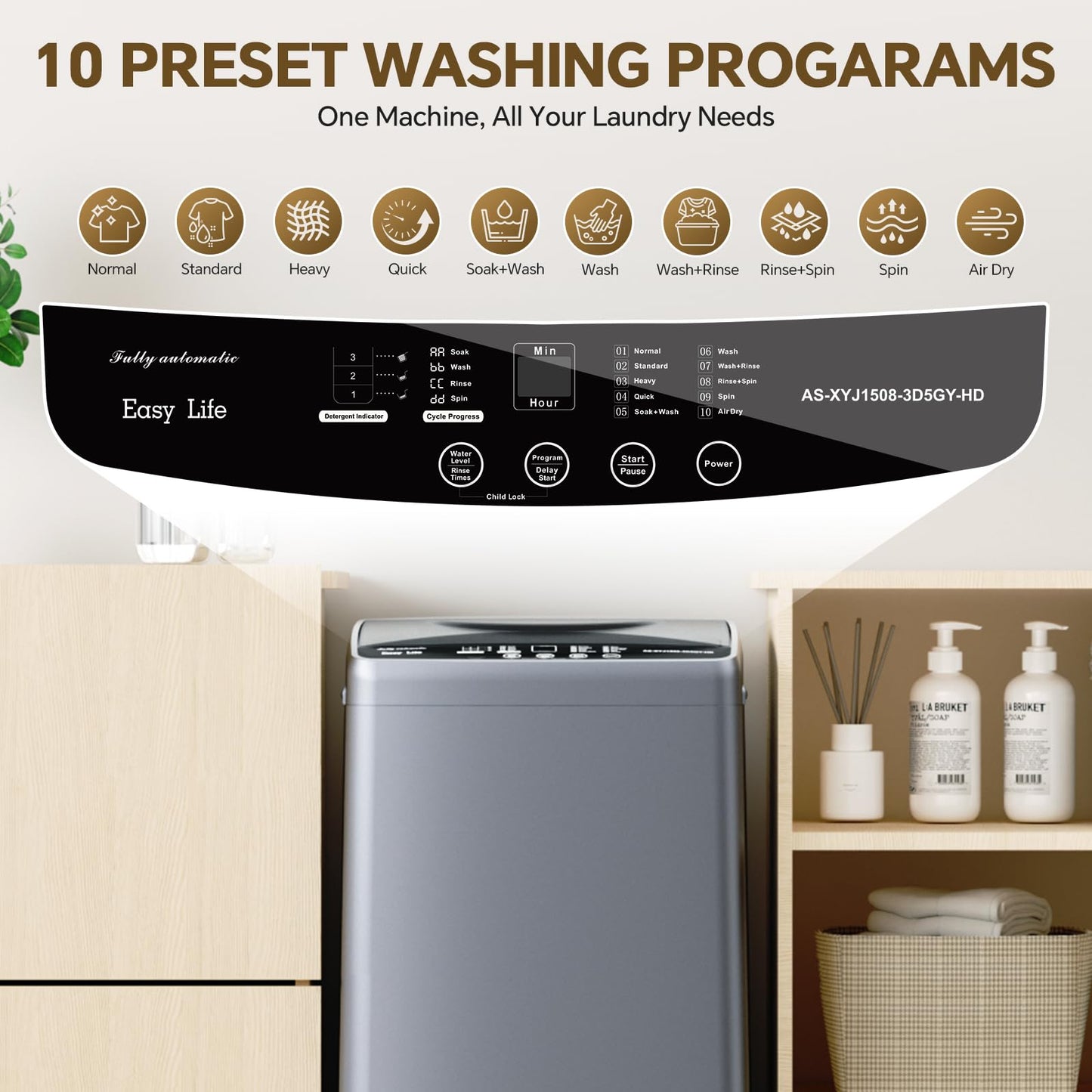 NEWBULIG 1.06 Cu.Ft Portable Washing Machine, 7.7 lbs Capacity Full-Automatic Compact Washer with 10 Wash Cycles & Auto-Balance, for Apartment RV Dorm Camping