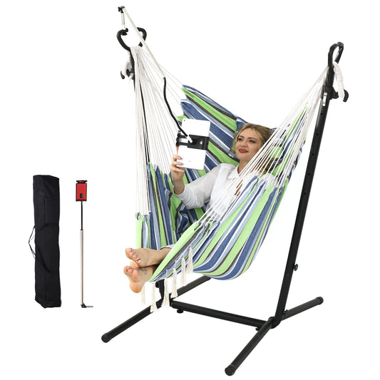 ZEYU Hammock Chair with Stand Double Hammock Chair Bohemian Style with Tassel Mobile Phone Support Manual Adjustable Swing Indoor and Outdoor Garden Porch with Floor mat Reclining Capacity 400 pounds