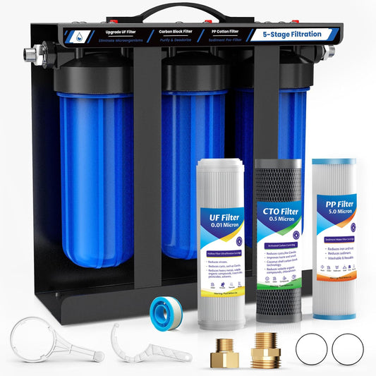 RV Water Filter System,5-Stage Water Filtration for Rvs and Campers, 0.01 Micron Filters Out Sediments, Chlorine, Vocs, Heavy Metals, Odors for Travel Trailers, Boats, 1/2" Inlet/Outlet