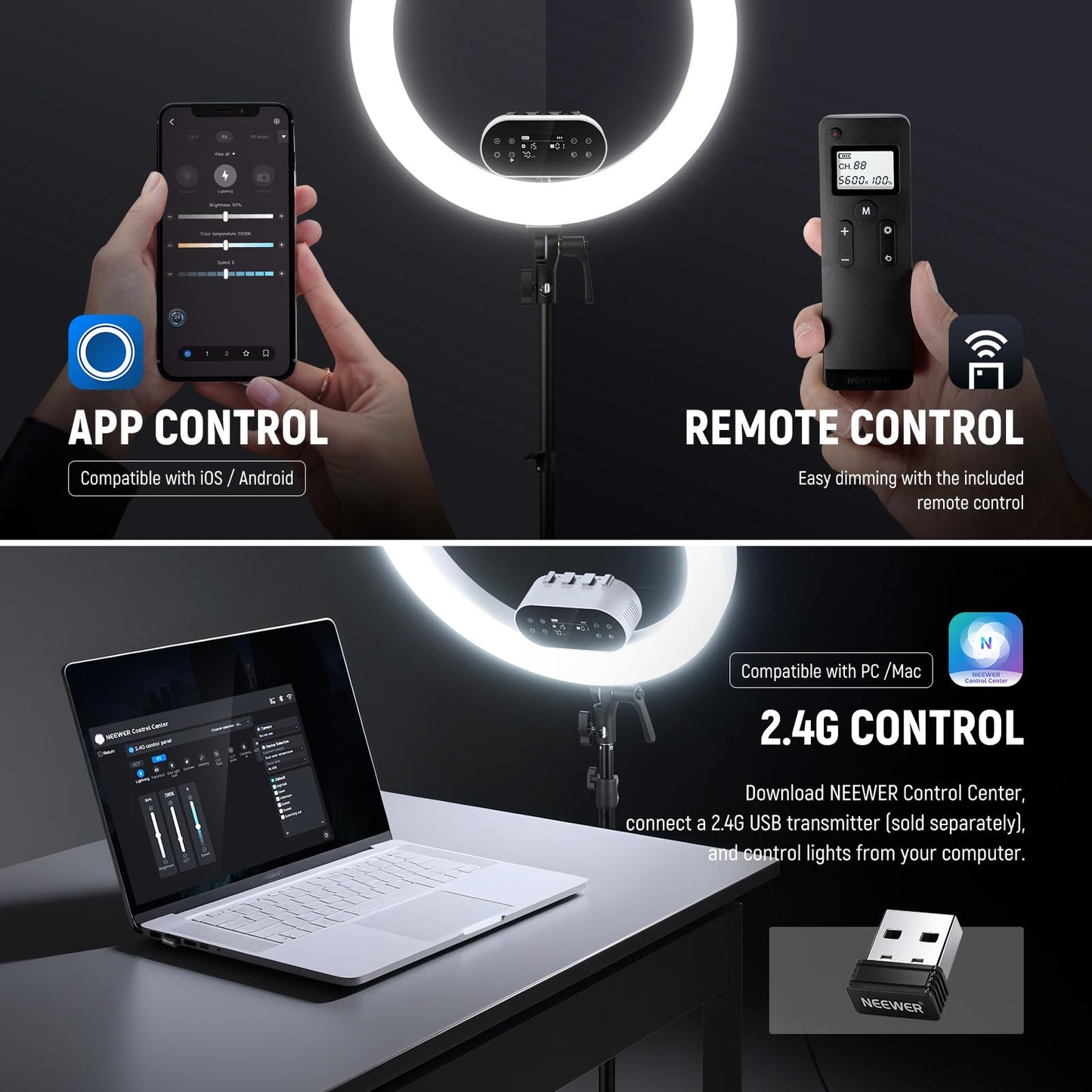 NEEWER 19" 100W High Power LED Ring Light with Tripod Stand & 3 Phone Holders Compatible with iPhone, 2900-7000K CRI97+ App&2.4G Control Lighting for Selfie Video Recording Makeup Streaming, RH100B