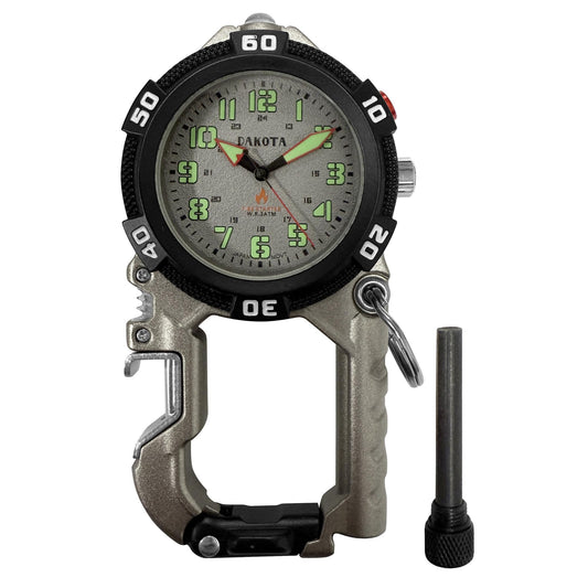 Dakota Flint Clip-On Survival Watch – Outdoor Tool with Flint Fire Starter, LED Flashlight & Bottle Opener – Silver
