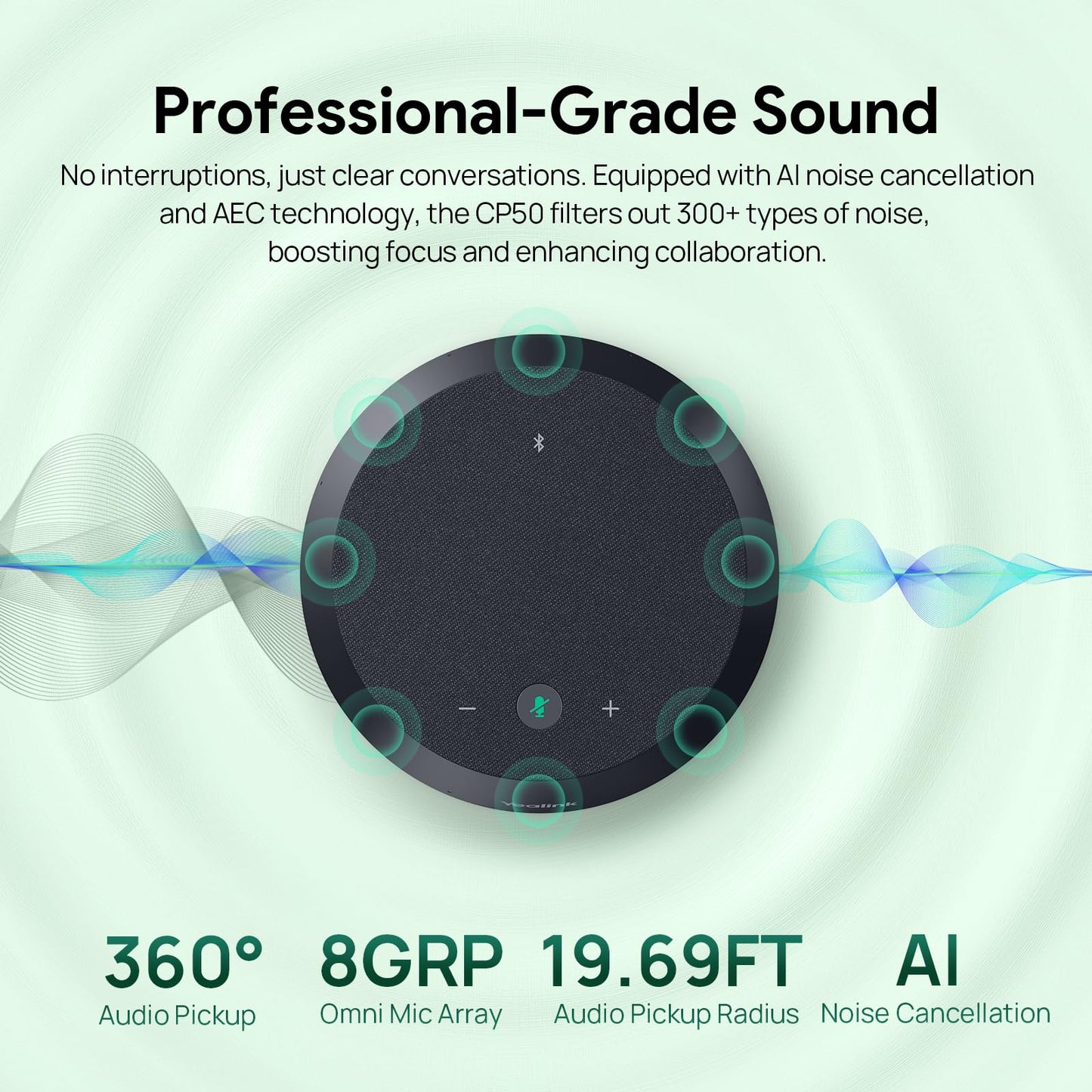 Yealink CP50 Conference Call Speaker and Microphone with AI Noise Cancellation, Speakerphone for Teams Room, 8 360 Omnidirectional Mics, Bluetooth, USB-C, Daisy Chain, 19.69ft Pickup
