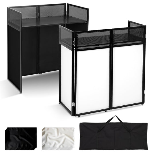 Portable DJ Booth Table Station 44"x42.2"x20.6", Foldable Metal Frame DJ Facade with Black & White Scrims, Detachable 40"x20" DJ Table, Adjustable Height, Carry Bag for Show, Party, Wedding, Events