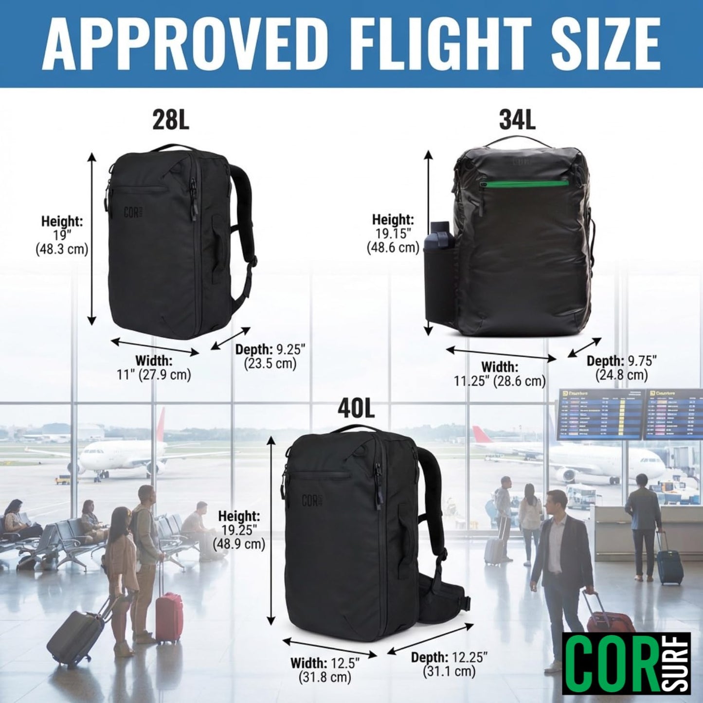 COR Surf Carry On Travel Backpack Bundle | Island Hopper Travel Backpack with Toiletry Bag and Compression Packing Cube Set (Blue, 28L)
