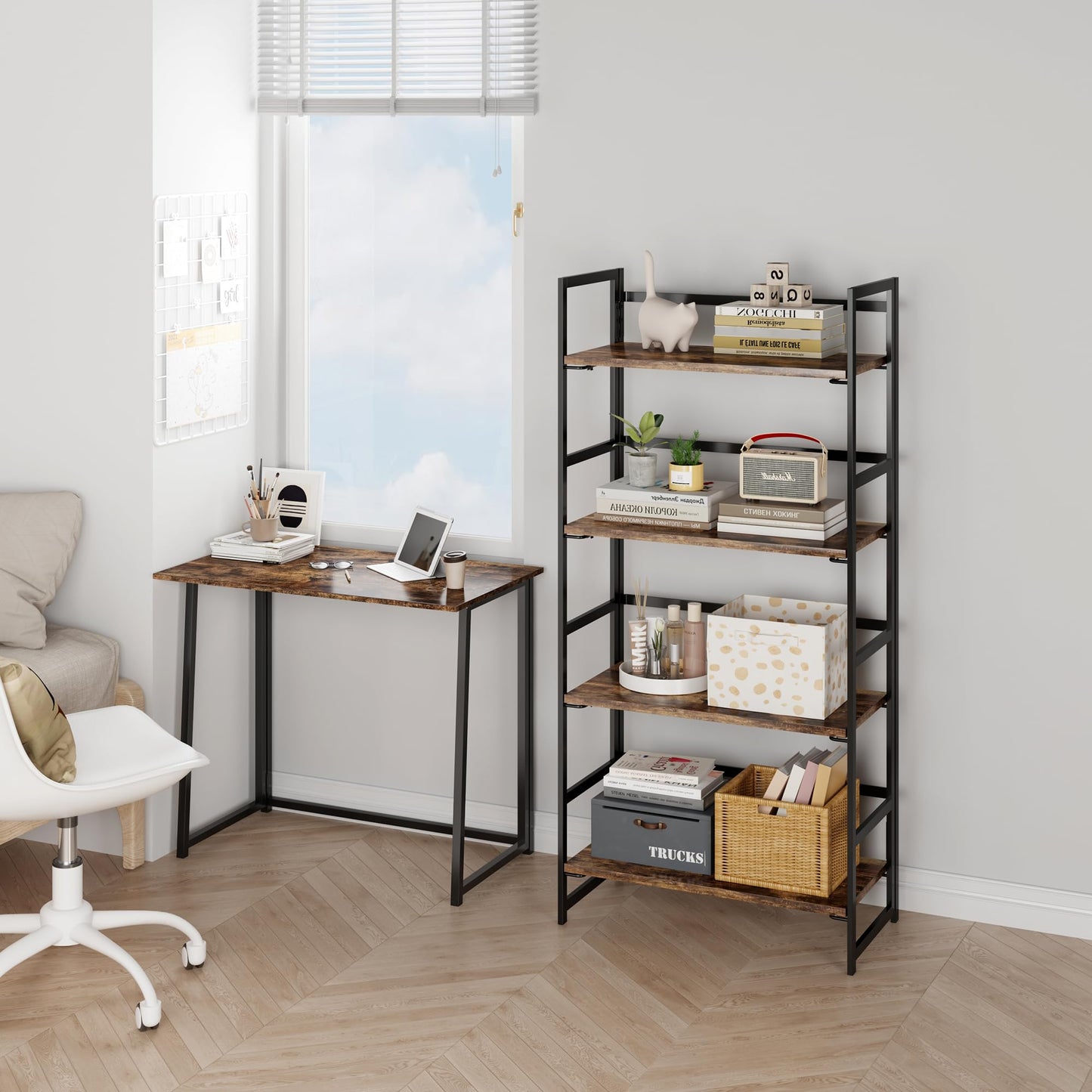 BHG Vintage Multifunctional Folding Bookshelf, No-Assembly Plant Stand Storage Rack Shelves for Home Office (Fire, 4-Tier)