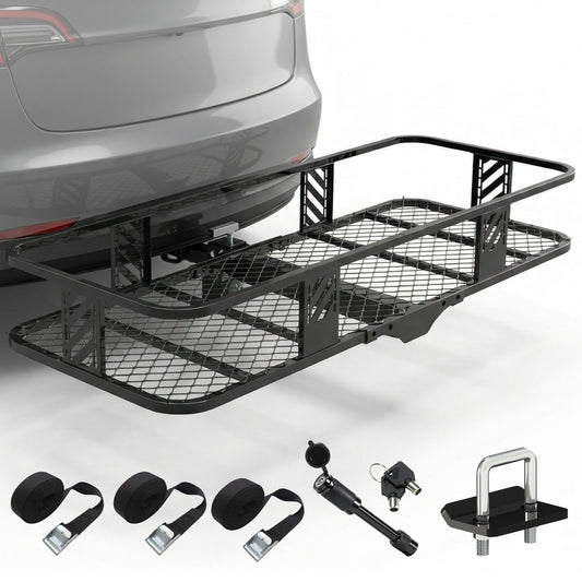 Foldable Hitch Mount Cargo Carrier Basket 56" X 24" X 7" for 2 Inch Hitches Receiver, 500 Lbs Capacity, Easy Folding，Hitch & Arm Tightener Anti Rattle, Trailer Pin Lock
