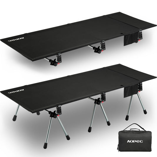 AOPEC 75" Camping Cot, Heavy Duty 350lbs Capacity, Adjustable Height with Leg Extenders, Lightweight Aluminum Frame Portable Folding Bed for Camping,Travel, Beach, Office Nap
