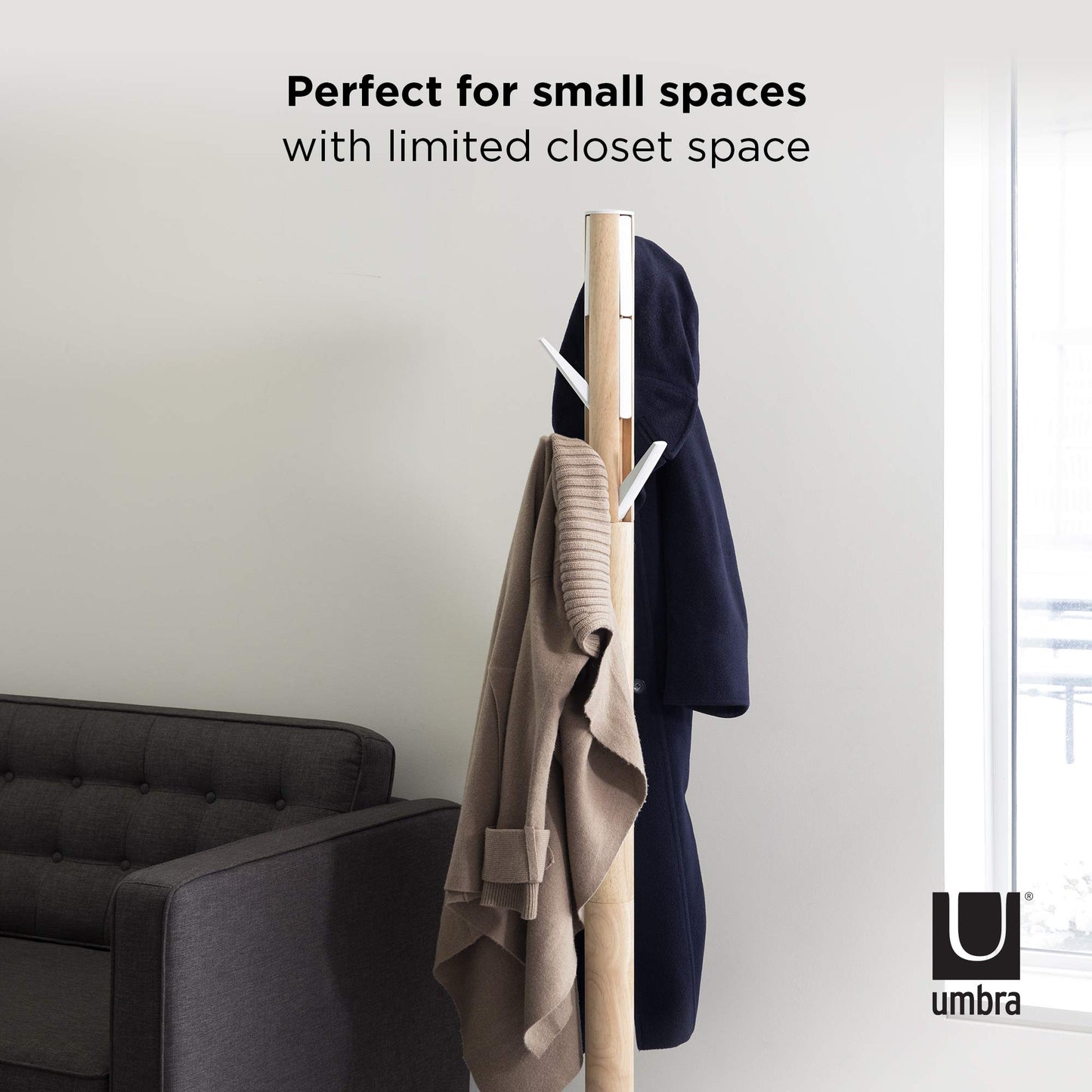 Umbra Flapper Coat Rack, Clothing Hanger, Umbrella Holder, and Hat Organizer, Great for Entryway, White Natural