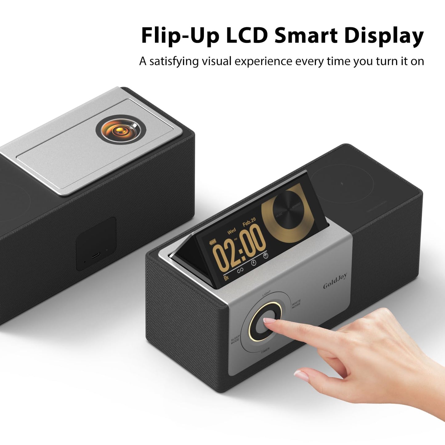 GoldJoy 7-in-1 Bluetooth Speaker Wireless Charging Station, Smart Flip-Up LCD Display Clock Syncs Phone's Time and Date, Sunset Lamp & White Noise for Sleep, 4000mAh Battery for Home, Outdoors