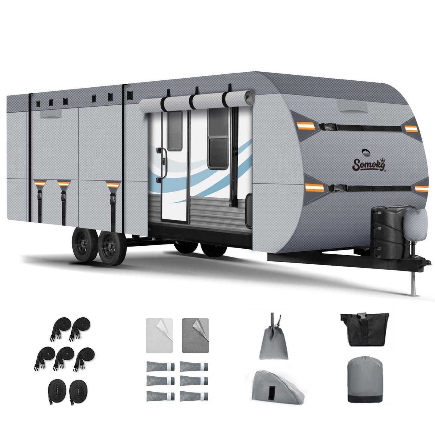 Travel Trailer Cover 18-20 FT, Heavy Duty 7-Layer RV Cover, Rip-Stop Camper Cover, Windproof with 5+2 Straps, UV & Snow Protection, Fits Rooftop A/C