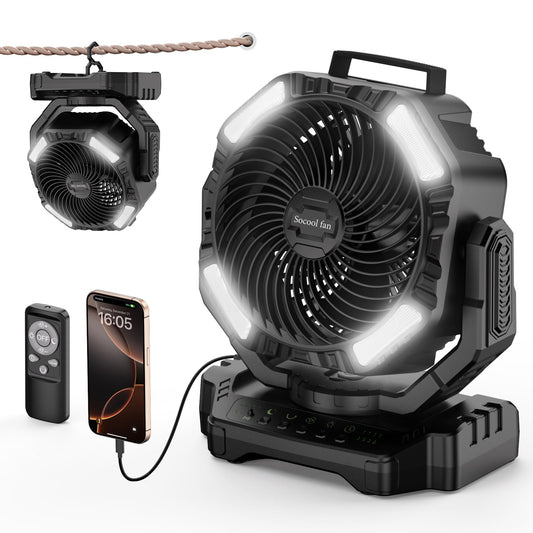 Socool 40000mAh Camping Fan Rechargeable, Battery Operated Portable Outdoor Fan Remote, 136Hrs & 4-Speed Cordless Oscillating, Table Fan with Light & Timer for Tent RV Jobsite Hurricane Power Outage