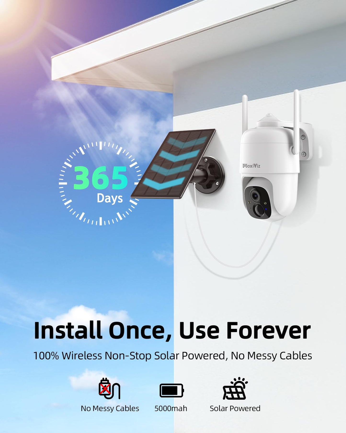 MaxiViz 2K Solar Camera Security Outdoor, 100% Wire-Free Security Cameras Wireless Outdoor with Solar Panel, 360° Panoramic View, Color Night Vision, AI Motion Detection, IP66 Weatherproof, 2 Pack