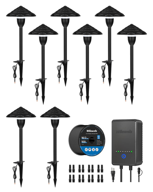 WILAWELS All-in-One LED Low Voltage Landscape Lighting Kit, 8-Pack LED Pathway Lights with Transformer, 100FT Wire and Connectors, 3000K Waterproof Landscape Lighting for Yard Garden Walkway W03LK06