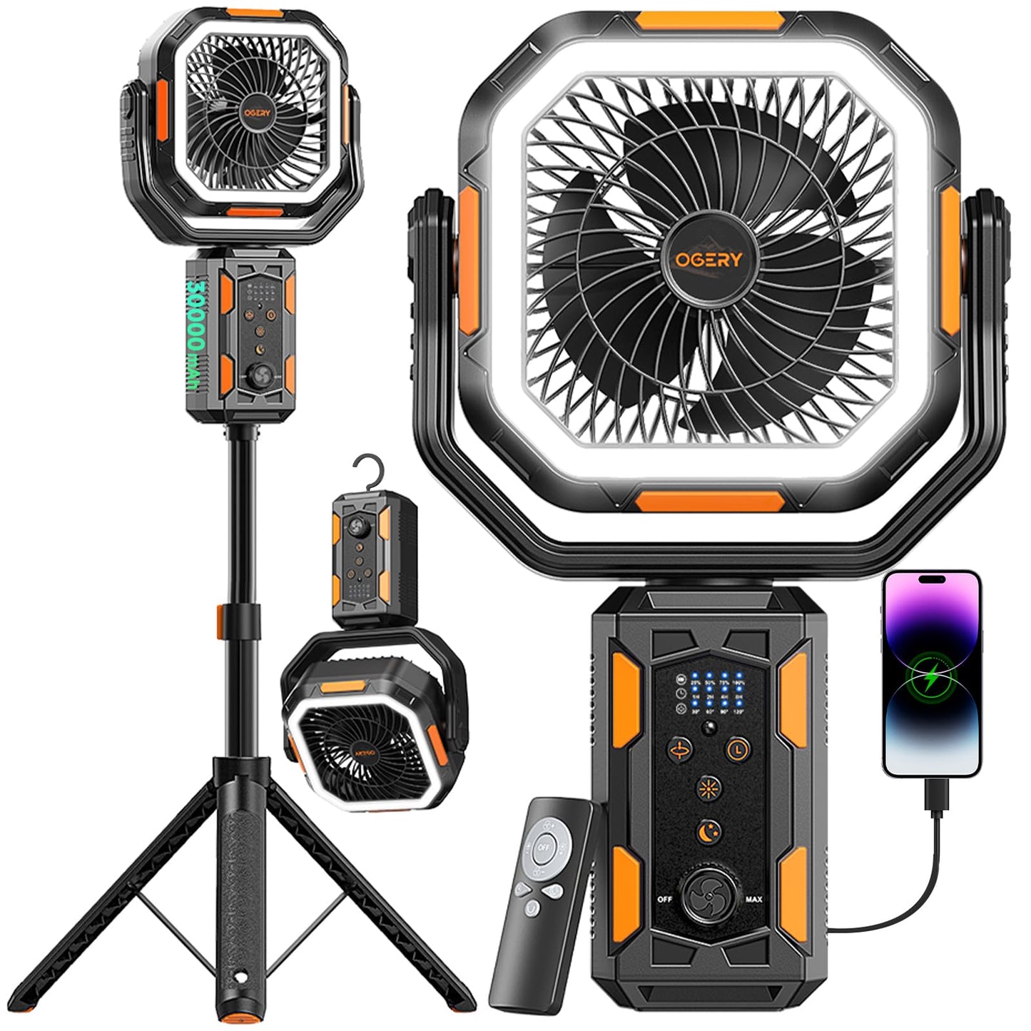 OGERY Portable Camping Fan with Adjustable Height Stand, 30000mAh Battery Powered Fan with Remote, LED Light, Auto Oscillation for Tent, RV, Bedroom, Travel – Floor & Desk Fan