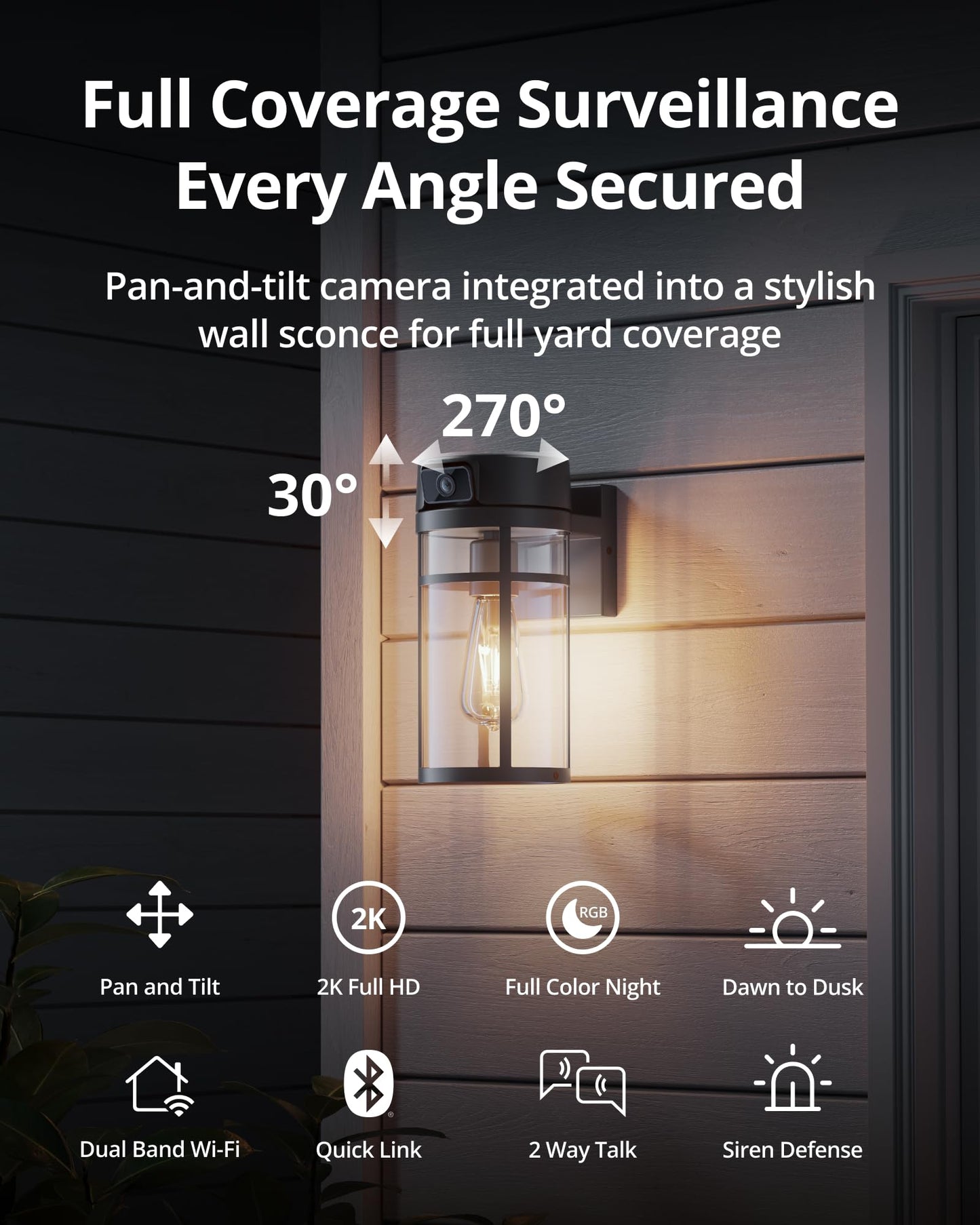 Outdoor Porch Light Security Camera, Wall Lamp Cam, 2K HD Live View Wi-Fi Human Detection, Pan & Tilt, Two-Way Talk, Wall Lantern Sconce Camera for Porch, Garage, Doorway