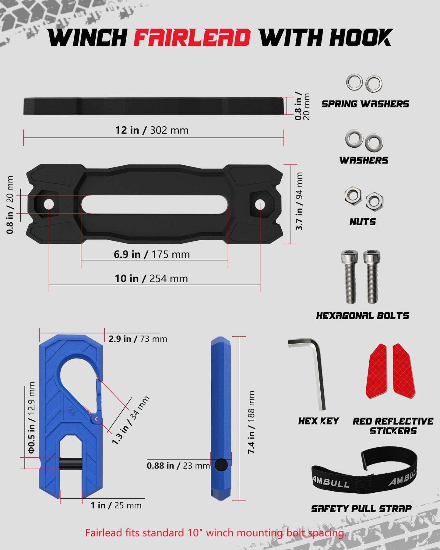 AMBULL Winch Fairlead with Tow Hook, Aluminum Hawse Fairlead with Grade 80 Forged Steel Winch Hook, 33000lb Break Strength Winch Fairlead Hook Set for Off-Road Vehicle Recovery, BlackBlue
