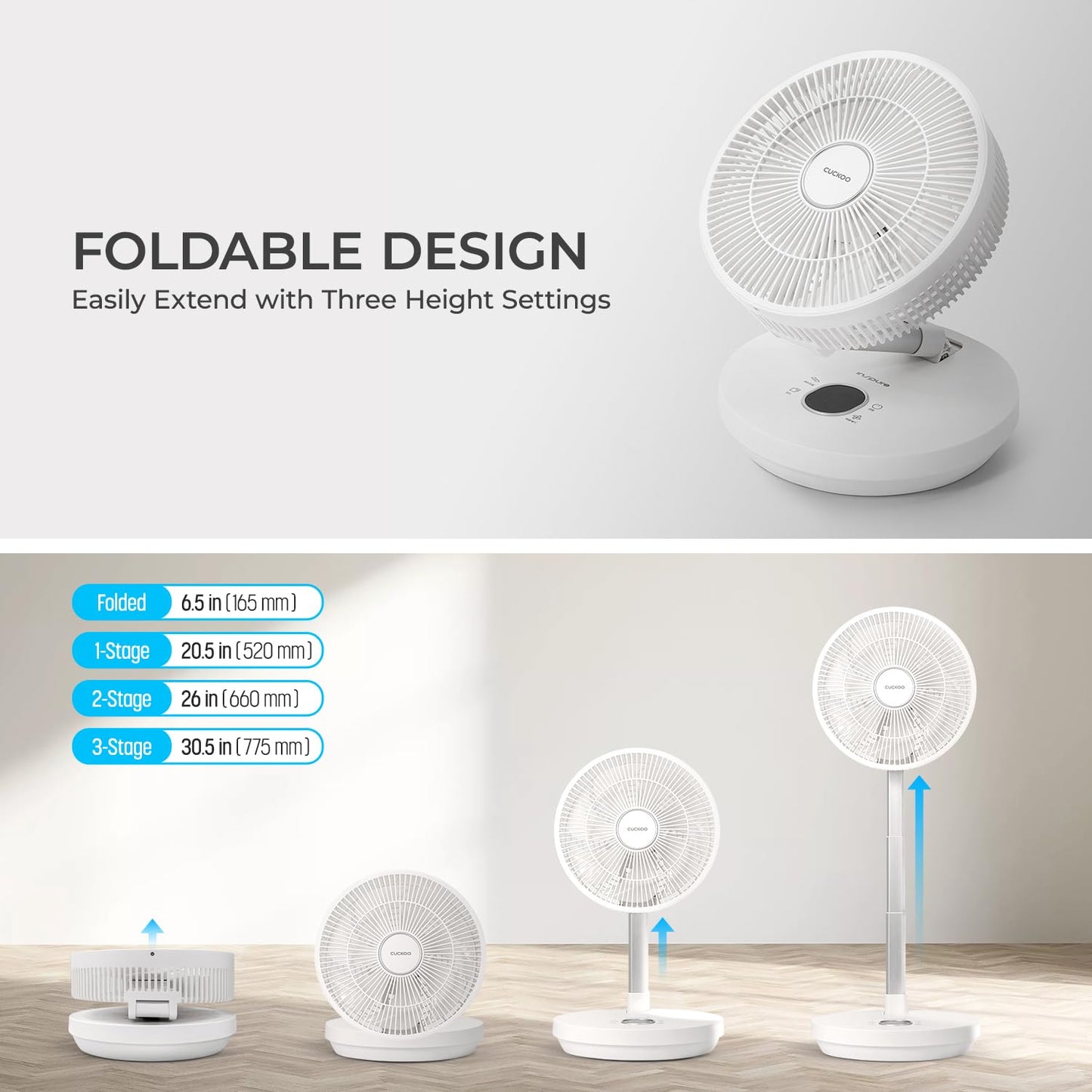 CUCKOO Rechargeable Travel Fan with 30 Hour Runtime, Portable Fan for Travel with BLDC Motor, Adjustable Height, 4 Wind Modes & 12 Speed Modes, Cordless Battery Powered, White (CF-ECL1010WH)