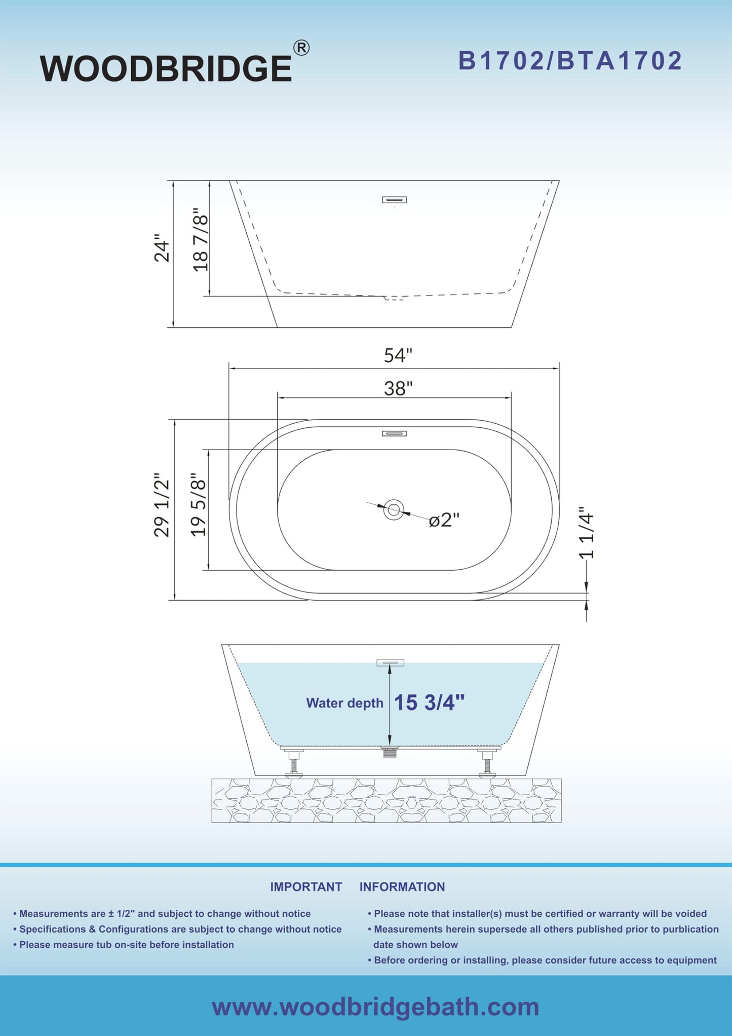 WOODBRIDGE 54"Freestanding White Acylic Soaking Bathtub with Chrome Drain and Overflow,BTA1702-C-Drain&O