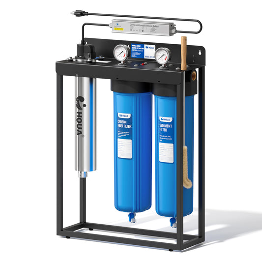 HQUA WF3-03 3-Stage Free-Standing Whole House Water Filtration System, UV Filter Included, Reduces Heavy Metals (Lead, Mercury, Arsenic, Cadimum, Chromium), PFAS, Chlorine, Sediment, Odor, and VOC’s