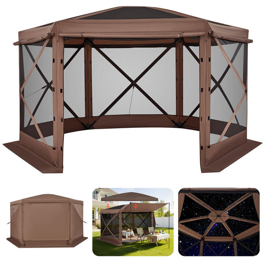 VEVOR Pop up Gazebo Screen Tent, 12 x 12 ft Large 6-Sided Camping Canopy Tent with Removable Top & Carry Bag, Quick-Set & Bite-Proof, Screen House Sun Shelter for 8-10 Persons Backyard Patio, Brown