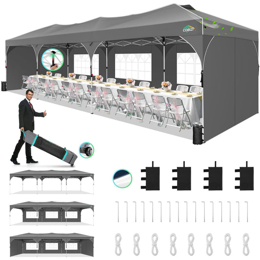 COBIZI 10x30 Pop Up Canopy Tent, Outdoor Party Tent with 5 Sidewalls, 1 Person Easy Set up, Tents for Parties with Fluorescent Strip & 4 Sandbags, Waterproof UPF50+, 3 Adjustable Height, Gray