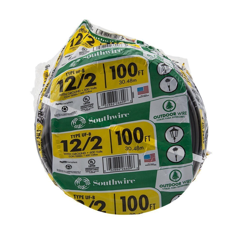 Southwire 12/2 UF B Wire with Ground, 100 ft, Gray Solid Copper Direct Burial Cable for Outdoor & Underground Use, 600V