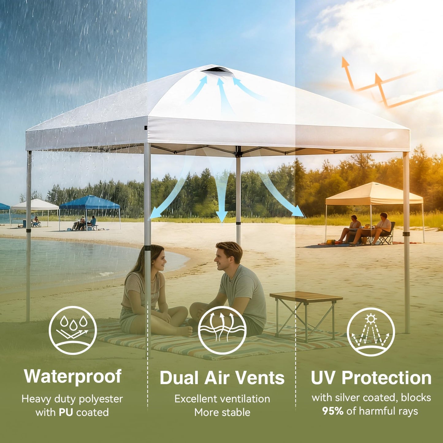HYPER VENTURE 10x10ft Pop Up Canopy Tent with One Push Setup, Portable Outdoor Event Shelter with Rolling Carry Bag for Camping, Beach, Market, Patio (White)