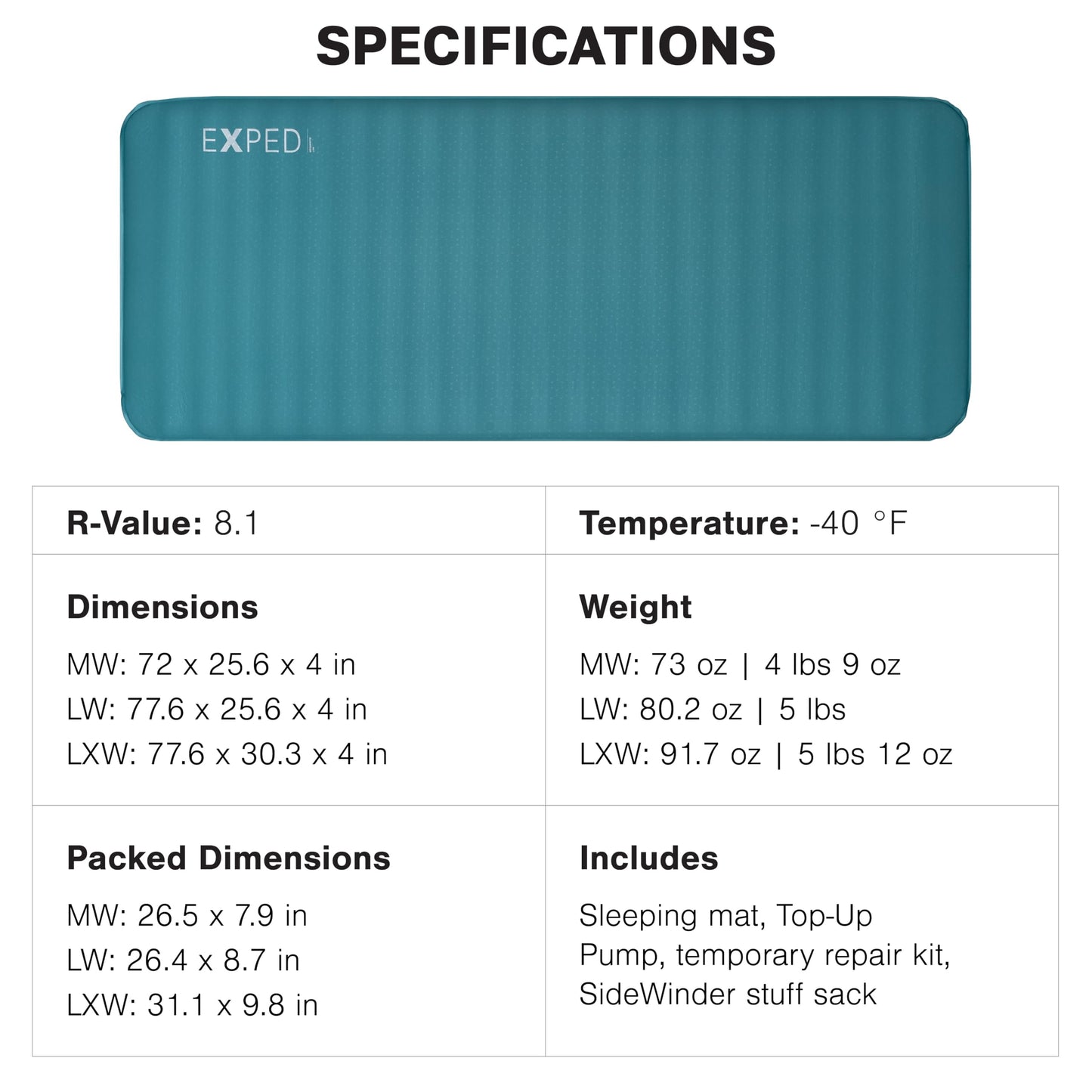 Exped MegaMat Long X-Wide - Self Inflating Soft Car Sleeping Mat, 4” Foam Pad, Pump Included