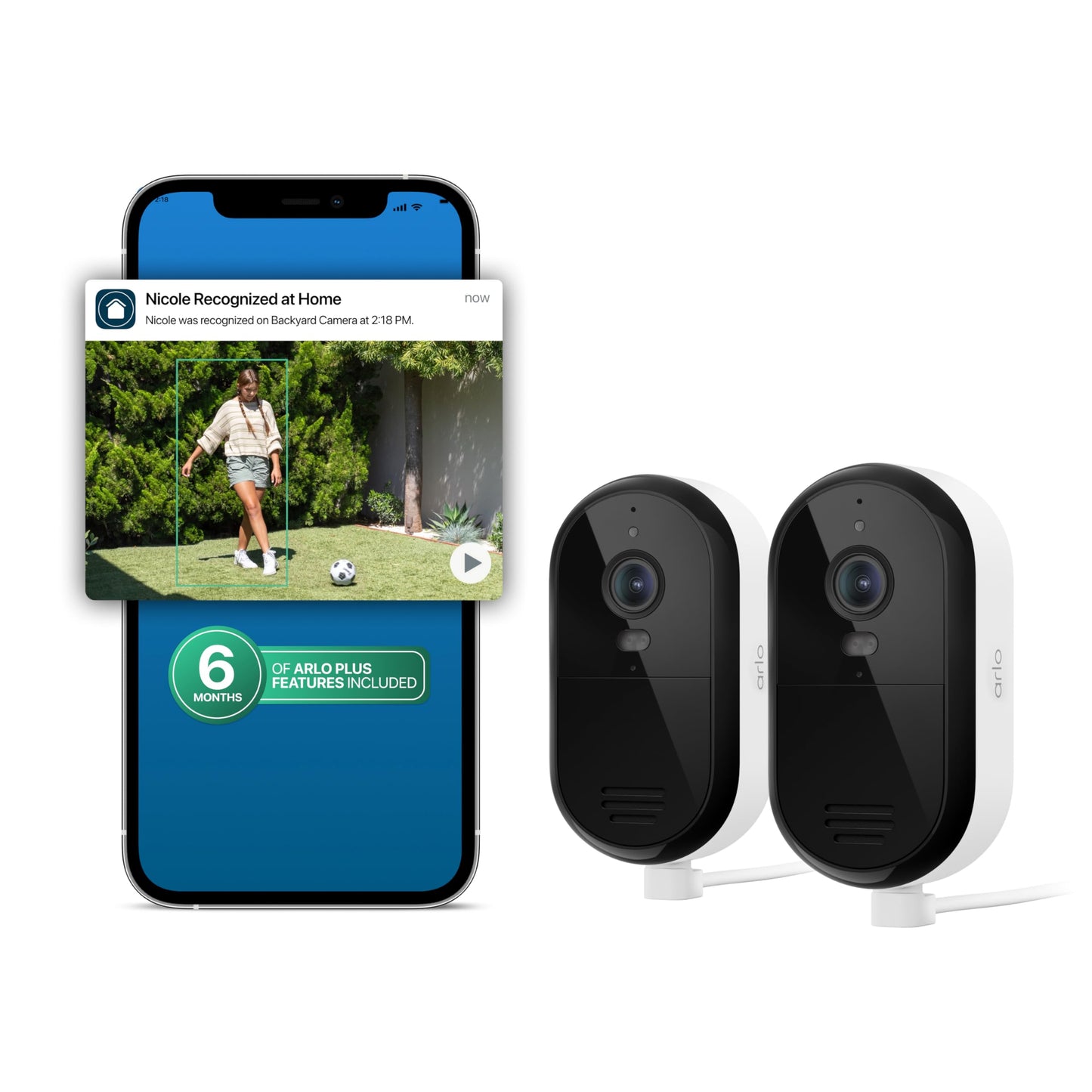 Arlo Essential Security Camera 2K (2025 Release) + 6 Months of Secure Plus Plan - Continuous Wired Plug-in Power Outdoor Camera, Person Recognition, Package Detection, Animated Preview, 2 Cam, White