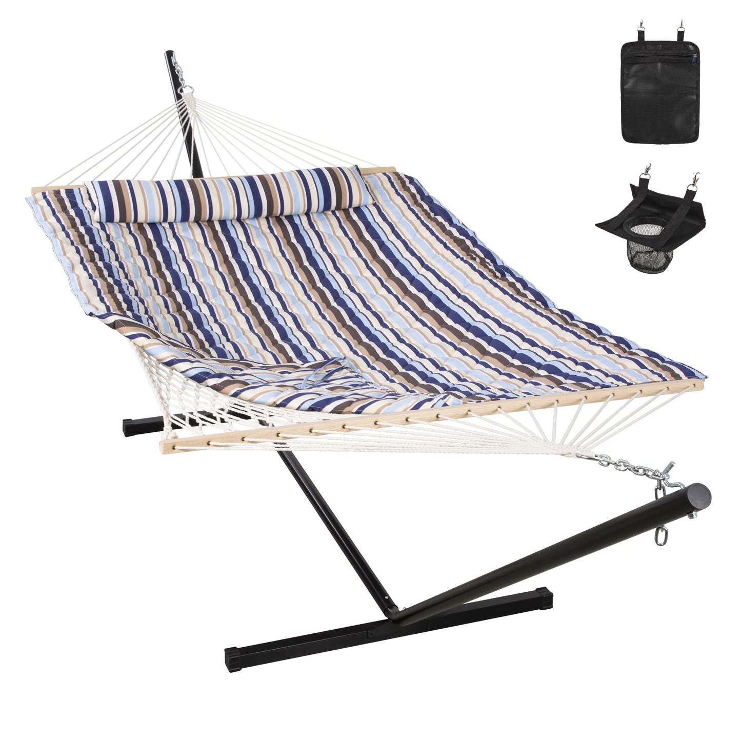 ANOW Outdoor Double Hammock with Stand, Portable Hammock with Detachable Pillow and Pad for Garden Yard Outside, 450 LBS Weight Capacity, Blue Seaside