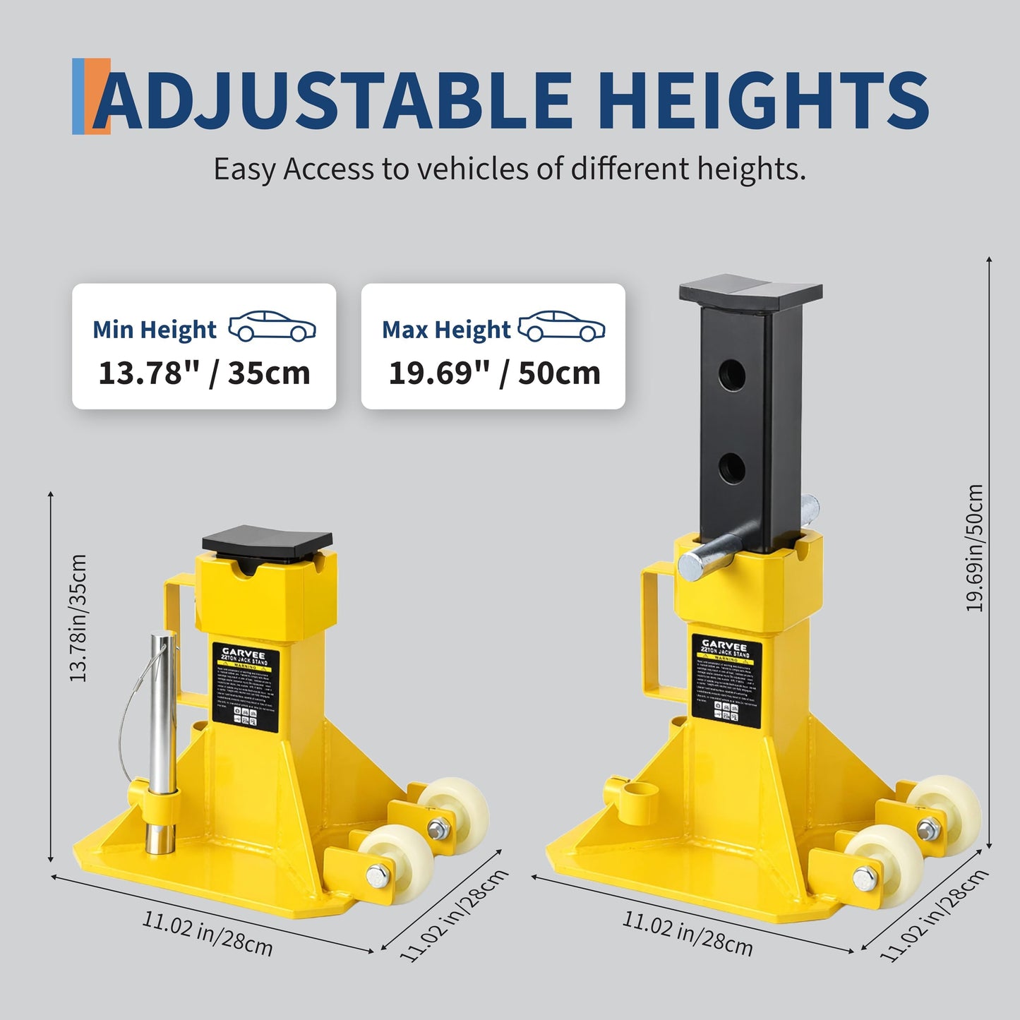 22 Ton Jack Stands, Heavy Duty Pin Type Jack Stands with Locking Pin, Wide Base and Caster Wheels, Adjustable 13.8"–19.7" for Trucks, Trailers & Equipment, Yellow