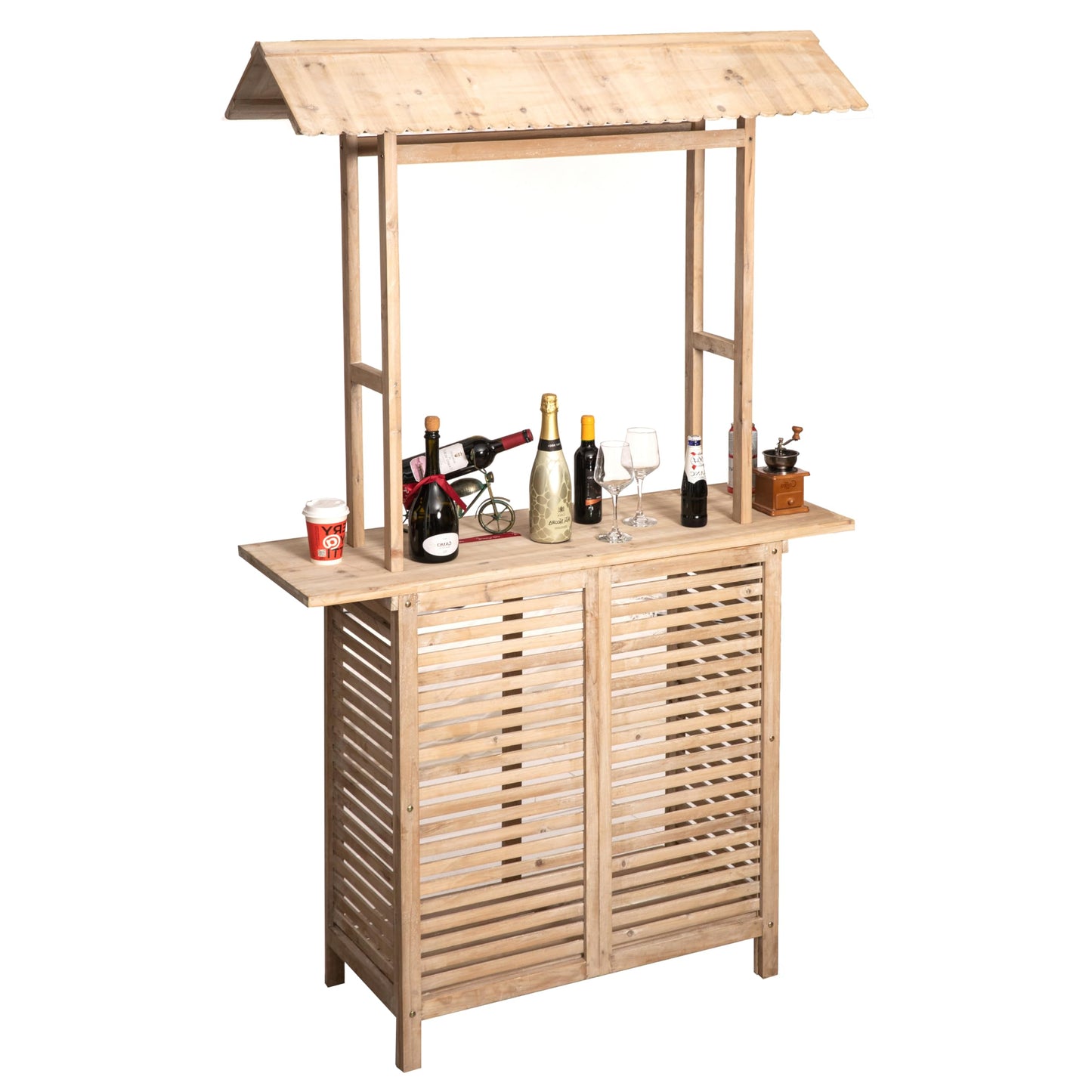 Vintiquewise Rustic Wooden Outdoor Bar Counter with Roof Beautiful Decor Accent for Patio Garden & Backyard Ideal as Bartender Station Lemonade Stand BBQ Beverage Table & Event Booth for Home Parties