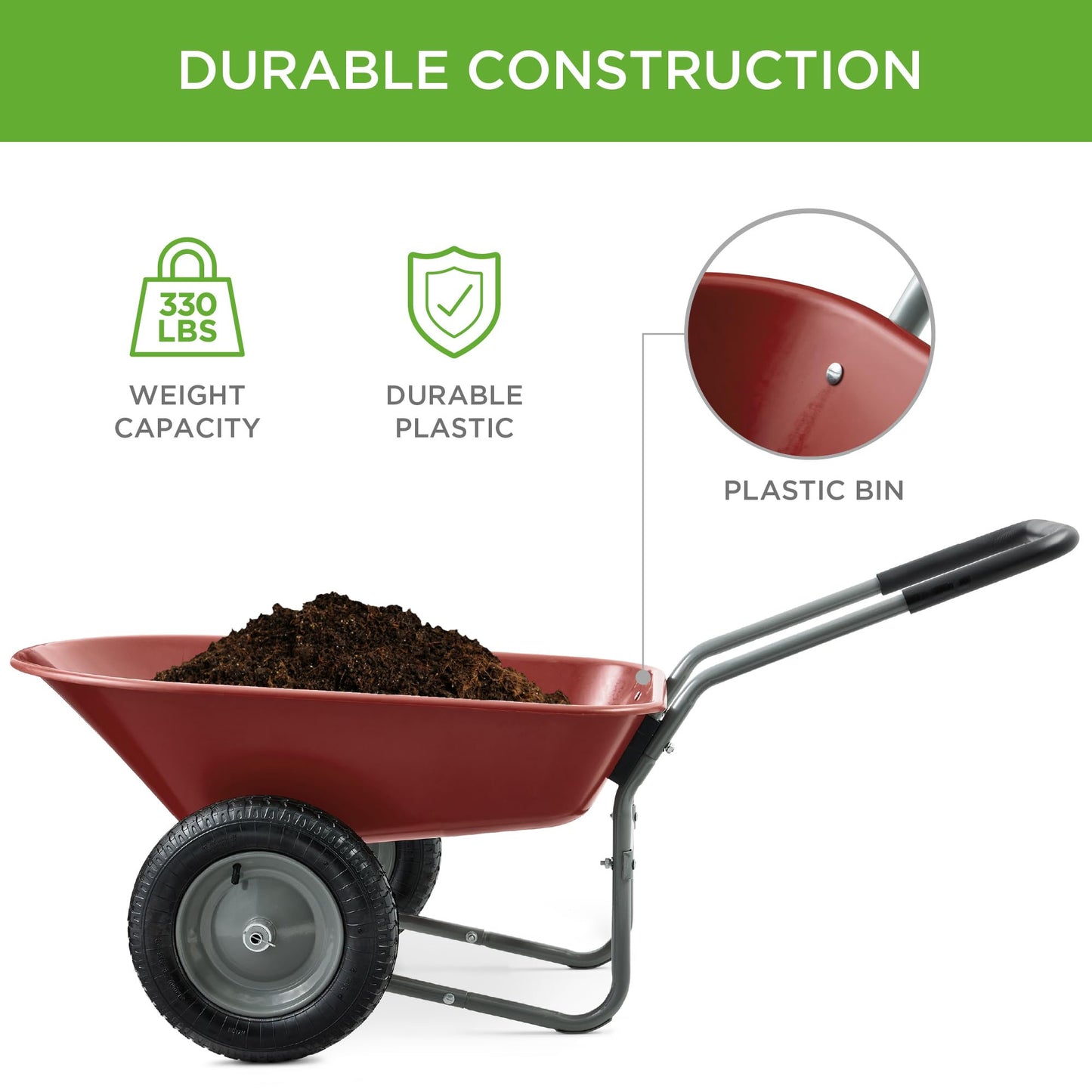 Best Choice Products Dual-Wheel Home Utility Yard Wheelbarrow Garden Cart w/Built-in Stand for Lawn, Gardening, Construction - Red