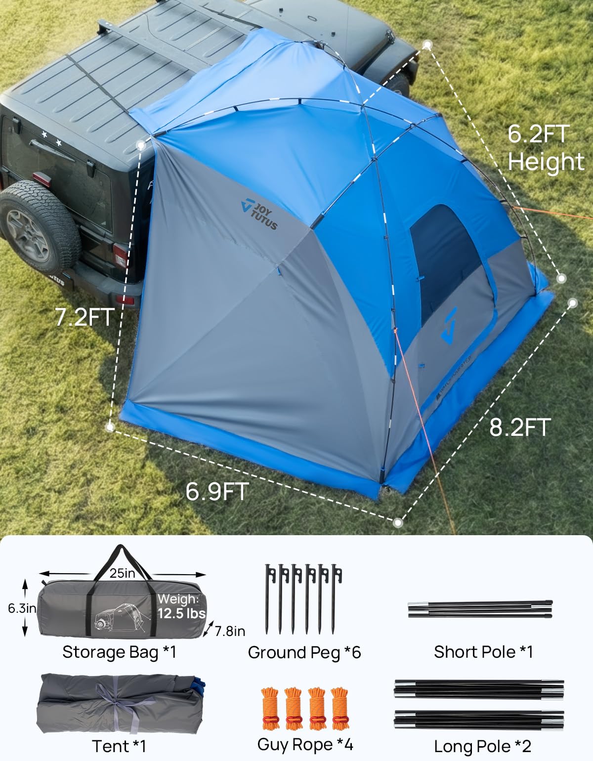 JOYTUTUS Car Shelter with Full-Coverage Sunshade for Side or Rear, Universal Mount Vehicle Awning and Car Camping Tent, Easy Set-up Buckles, Roll up Sides and Windows, UV50+, Rainproof, Gray Blue