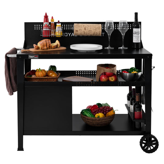 Royal Gourmet PC4401B 3-Tier Dining Cart with Wind Guard, Sturdy Structure and Ample Storage Shelves, for Indoor & Outdoor use，with Bottle Opener, Hooks, Wine Rack, Multifunctional Side Handle, Black