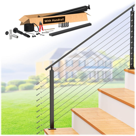 Zylorix 36" Swageless 2-4FT Black Complete Cable Railing System Post Kit with Handrail Cuttable, T304 Stainless Steel, Modular Pre-Cut 1/10" Cable Railing Kit with Stair Post for 28-38 Degree Stairway