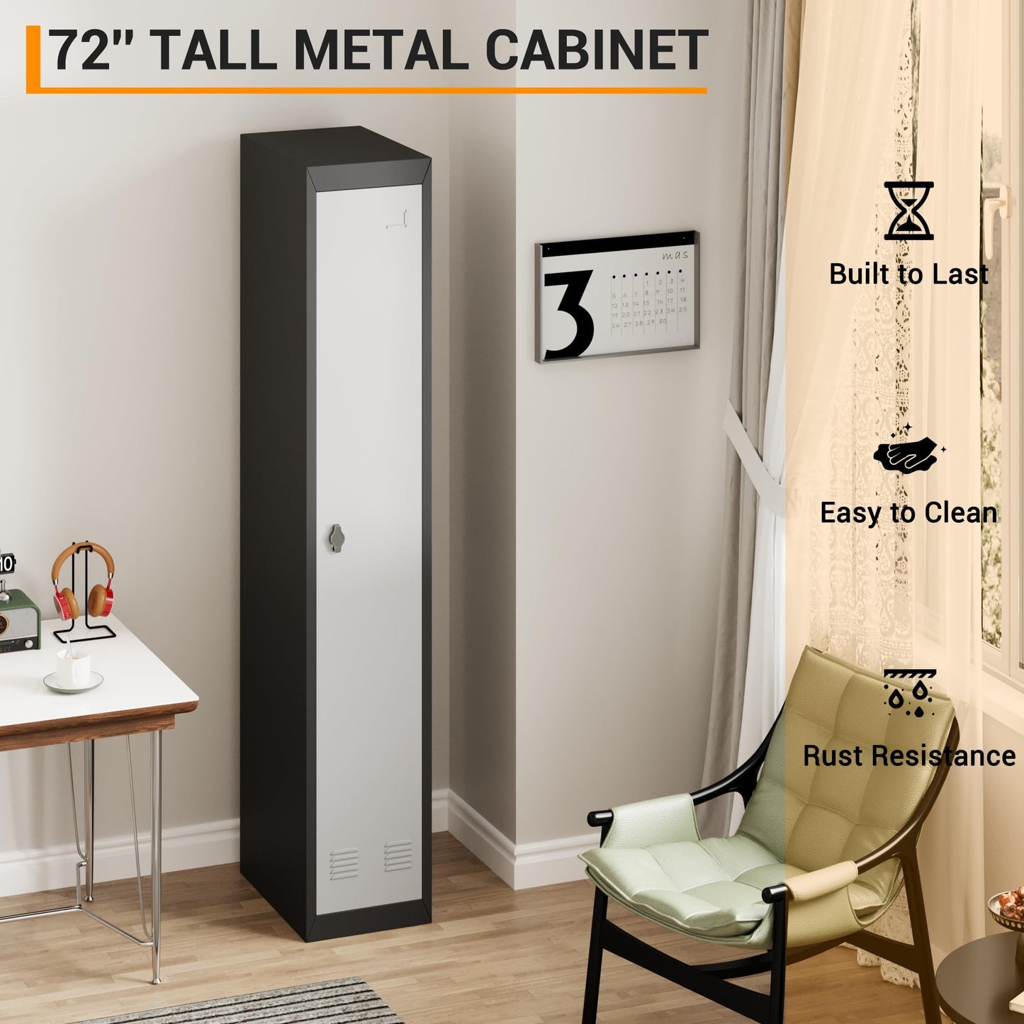 Narrow Metal Locker, 72 Inch Metals Broom Storage Cabinet with Shelves, Lockable Cabinets Doors & Keys Tall Brooms Suitable for School, Office, Home, Staff and Students Storage(Black & Grey)