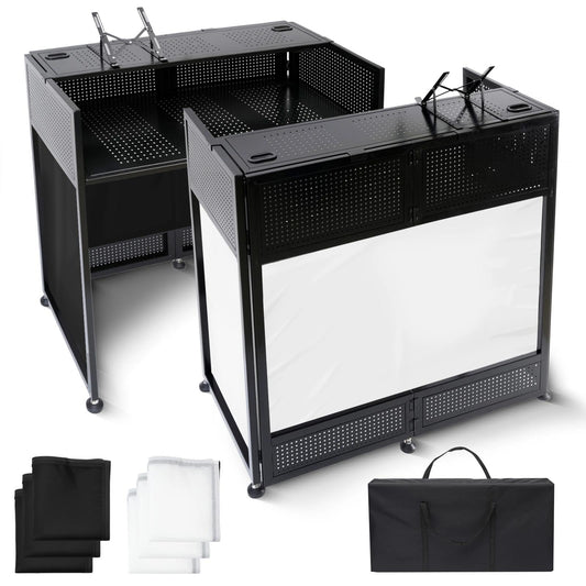 Portable DJ Booth Table, 41"L x 20"W DJ Table Stand Portable Booth Double Deck, Adjustable DJ Facade Station with White & Black Scrim, Foldable Metal Frame DJ Booth Panel for Parties, Wedding, Bars