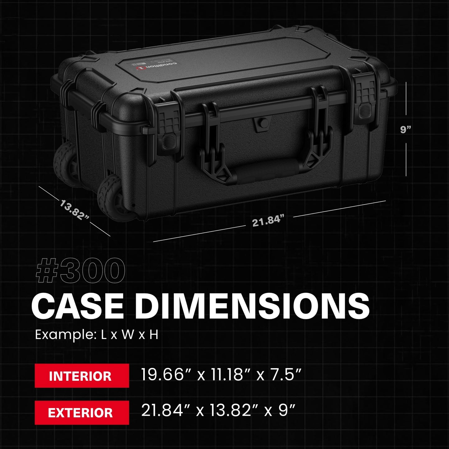 Condition 1 22" Large Rolling Lockable Hard Storage Case w/Padded Divider & Lid Organizer, Model 300, Waterproof Protective Box for Camera & Production Gear, Made in USA, 21.84"x13.82"x9" Black