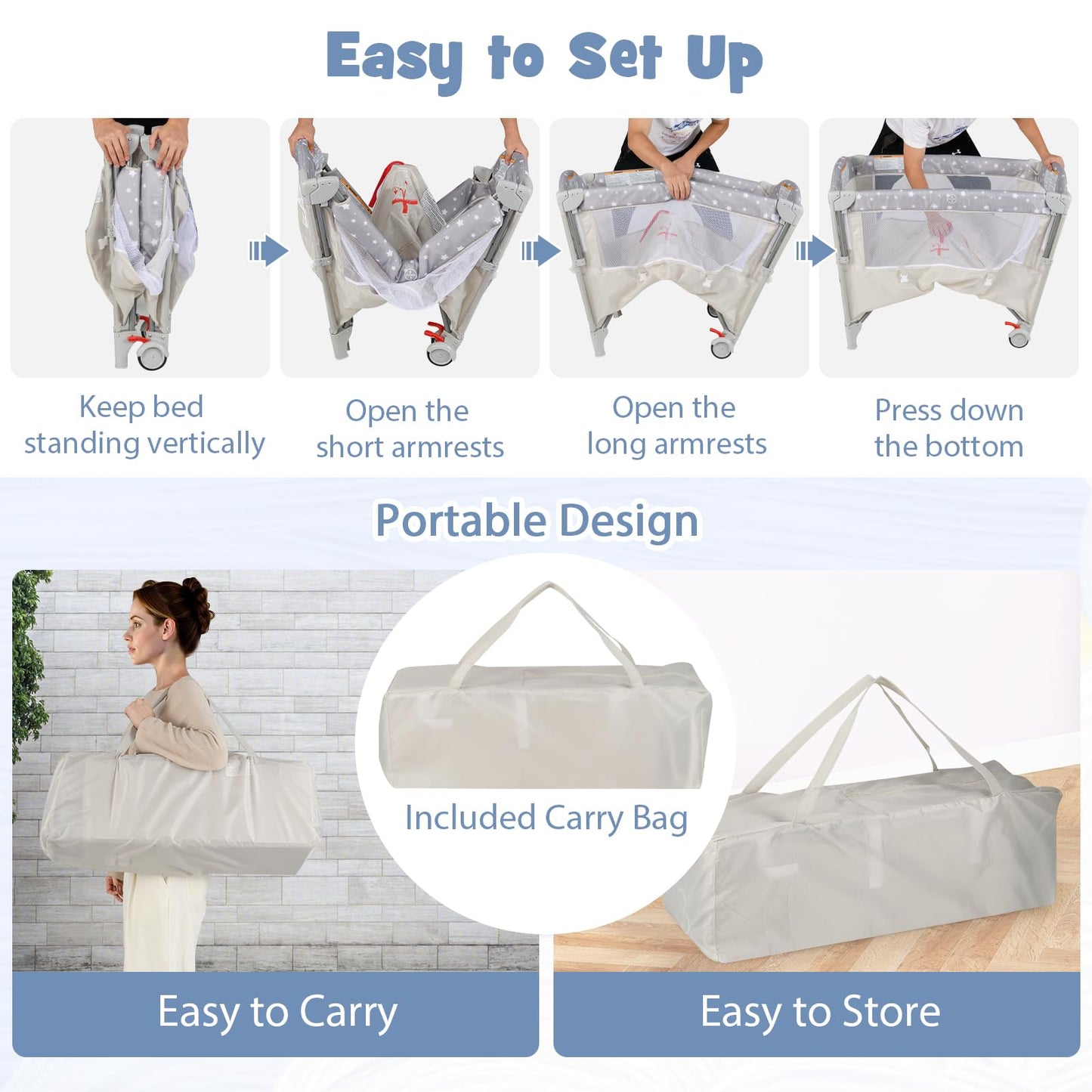 BABY JOY 5-in-1 Pack and Play, Portable Baby Bedside Sleeper with Bassinet, U-Shaped Diaper Changer, Safety Strap, Side Zipper Entrance, Hangings, Bedside Crib Playard from Newborn to Toddlers (Beige)