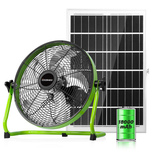 COORHEIX 12'' Solar Powered Floor Fan Rechargeable, 18000mAh Battery Operated Fan 5-Blade Portable Outdoor Fan 360° Tilt for Outside, Greenhouse, Camping, Shed