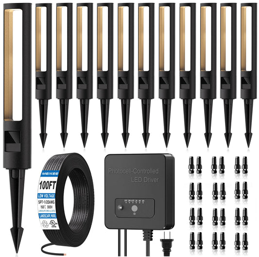 MEIKEE 5W Low Voltage Path Lights, 12-24V Auto On/Off Landscape Lighting with 120W Transformer 100FT Cord, 2700K Warm White, IP66 Waterproof, Aluminum Garden Lights for Pathway, Yard, Lawn 12-Pack