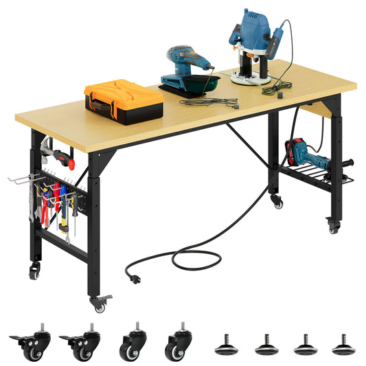 YITAHOME 60" Adjustable Workbench with Wheels, Built-in AC/USB Outlets,1600 LB Capacity Heavy-Duty Tool Work Bench for Garage, Workshop, Office, or Outdoor Work Table