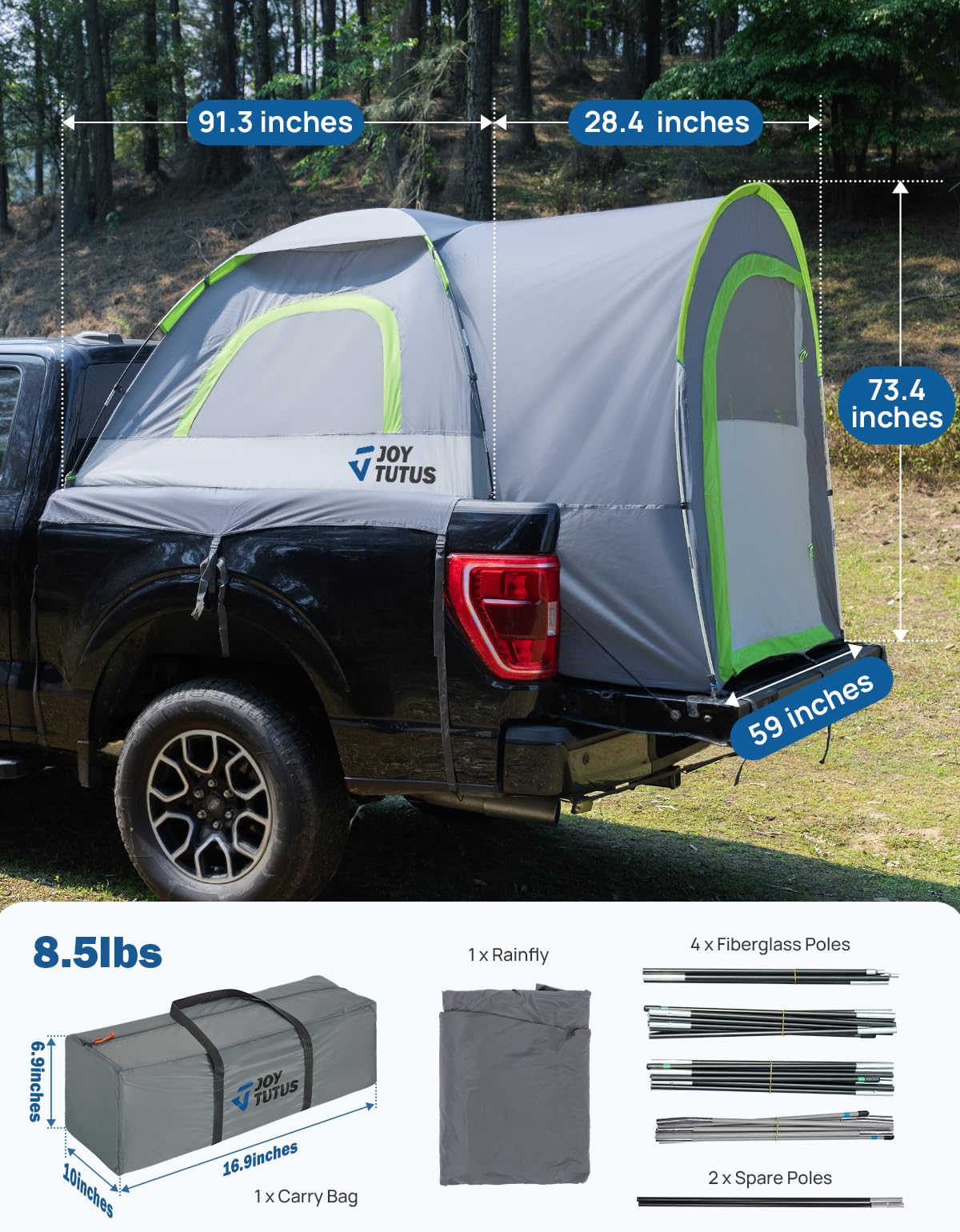 JOYTUTUS Truck Tent with Rainfly 8.0Ft, Straight Spacious Truck Bed Tent with Sky View Mesh, Waterproof PU2000mm Double Layer for 2 Person, Gray Green
