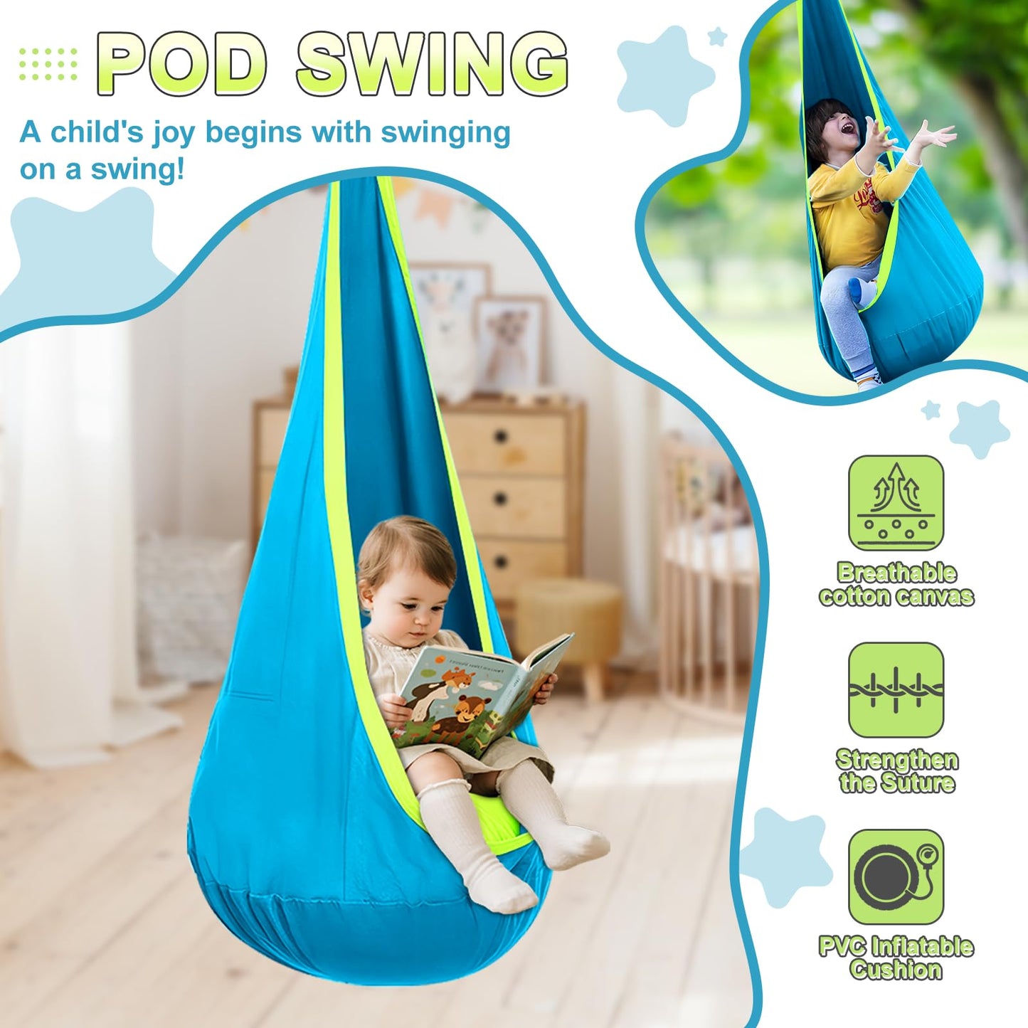 Swing Stand with Sensory Swing, Swing Frame with Pod Swing, X-Shaped Swing Set, Metal Swing Chiar with Stand for Adults Indoor and Outdoor 330LBS (Aqua Gradient)