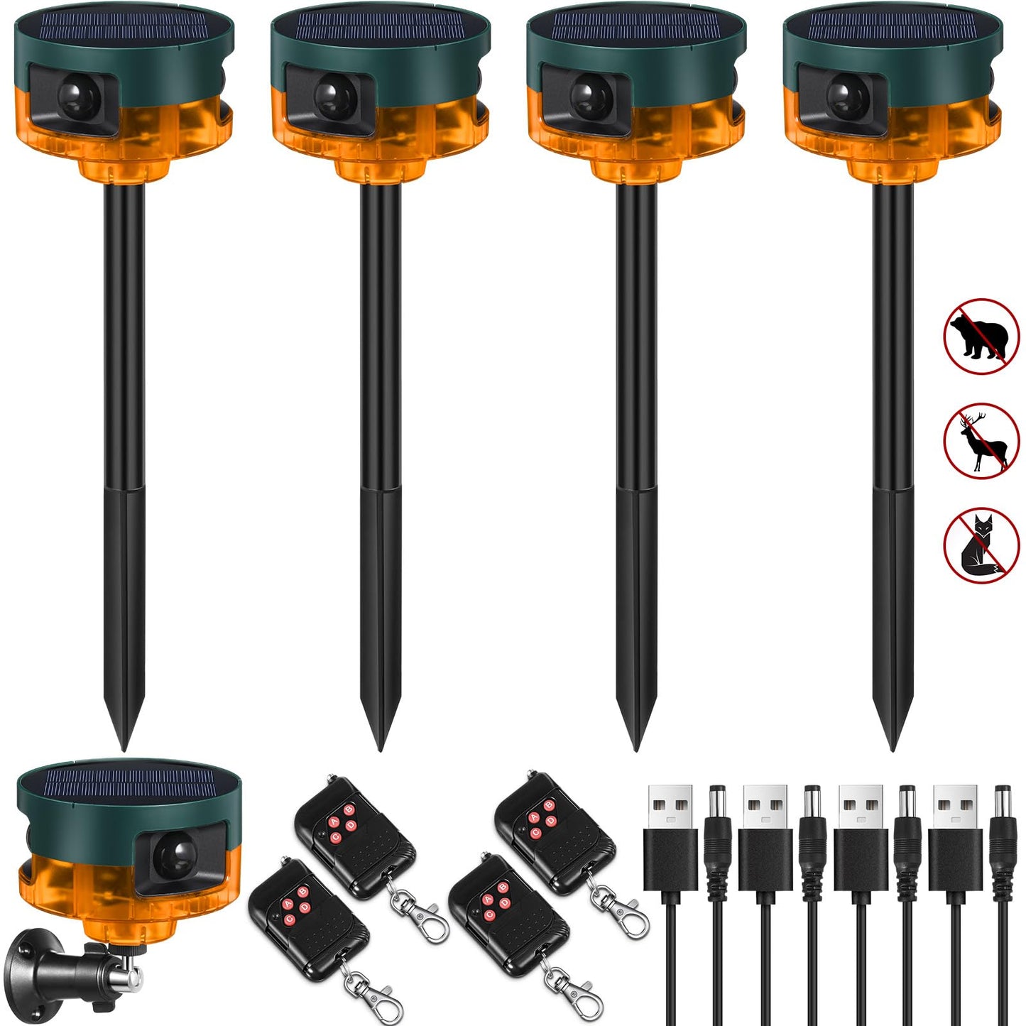 Qualirey 4 Pack Solar Outdoor Motion Sensor Alarm-Dog Barking&Gunshot Sound Support Recording Animal Deterrent for Home Security, 13 Kinds of Sounds (Yellow)