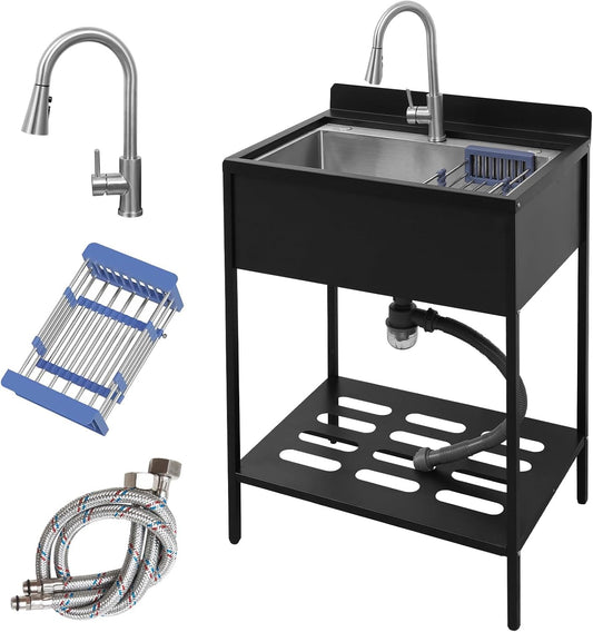 Portable Freestanding Stainless Steel Laundry Utility Sink with Cold and Hot Water with Cabinet Faucet Outdoor Kitchen Black Utility Sink