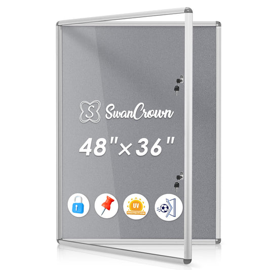 SWANCROWN Enclosed Bulletin Board 48x36in, Tamperproof Lockable Grey Felt Board Wall Display Case with 2 Locks for Office School Commerce, Aluminum Frame