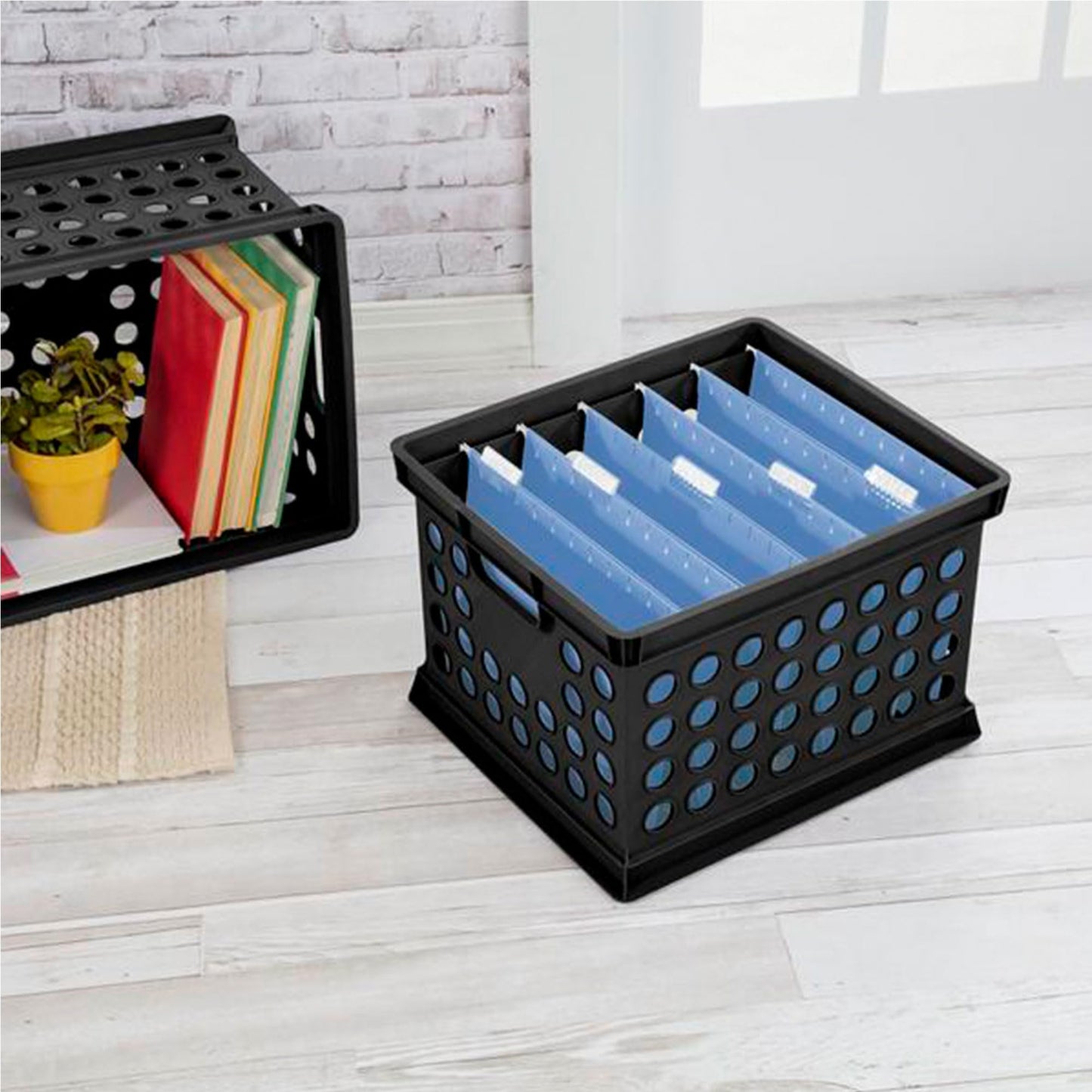 Sterilite Stackable Plastic Storage Crate Bin Organizer File Box with Handles for Home, Office, Dorm, Garage, or Utility Organization, Black, 18-Pack